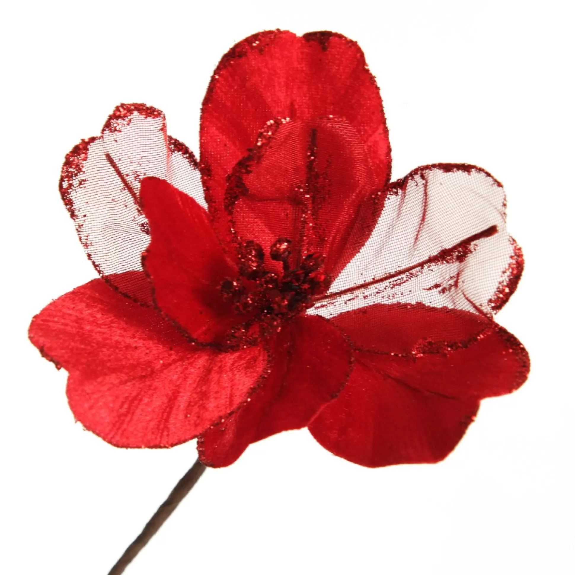 Red Satin Magnolia Flower Stem with Glitter Trim Christmas Flowers |