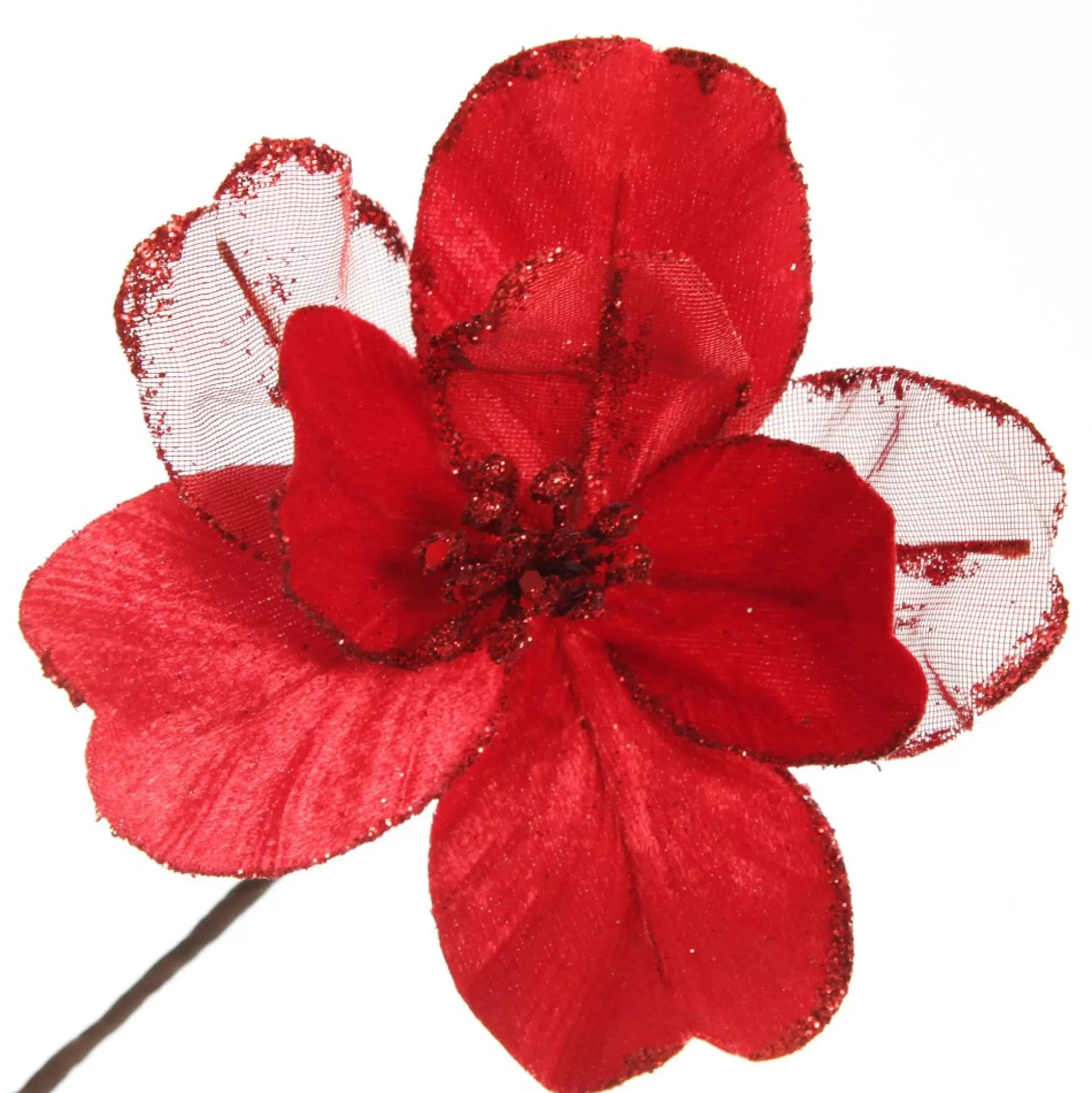 Red Satin Magnolia Flower Stem with Glitter Trim Christmas Flowers |