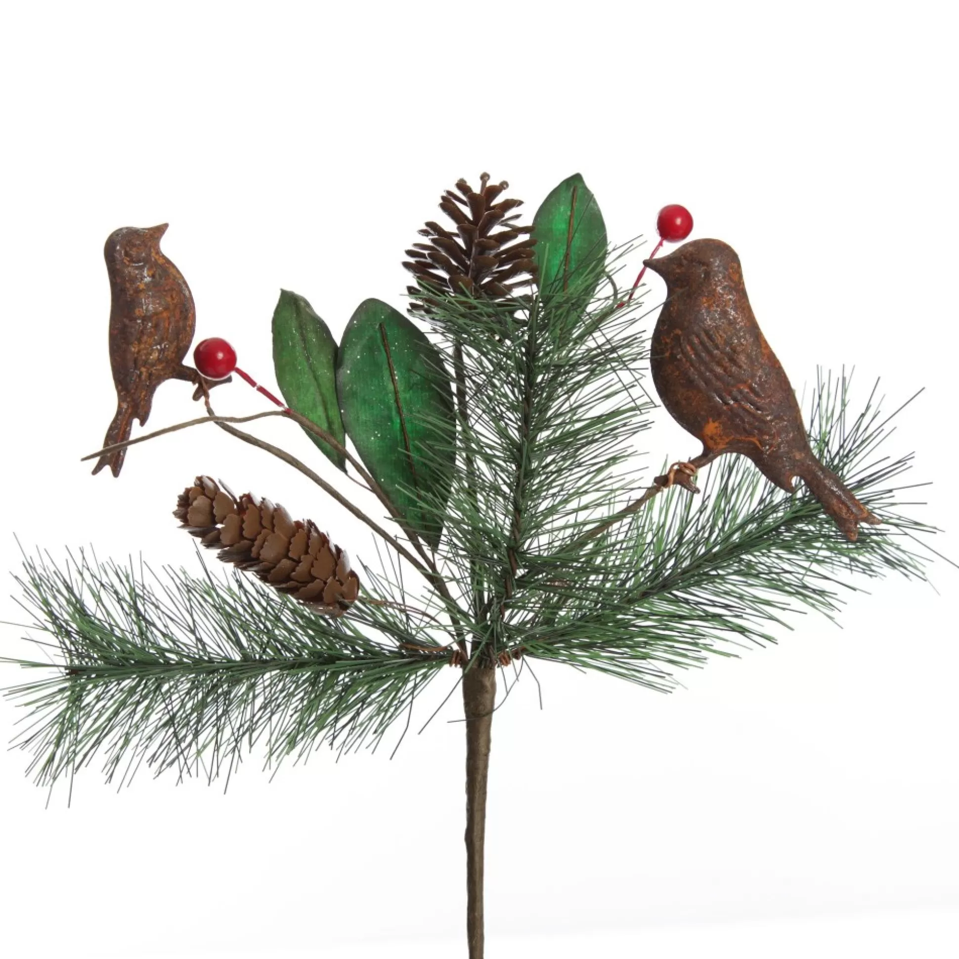 Rusted Tin Bird, Pinecone and Red Berry Pick Christmas Pick |