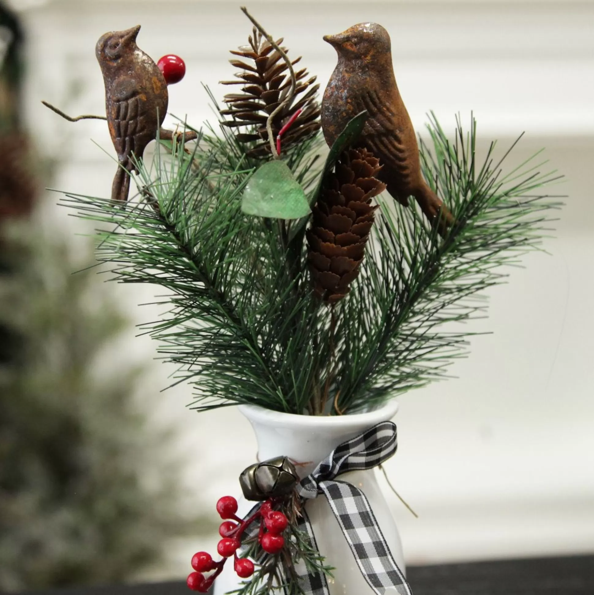 Rusted Tin Bird, Pinecone and Red Berry Pick Christmas Pick |