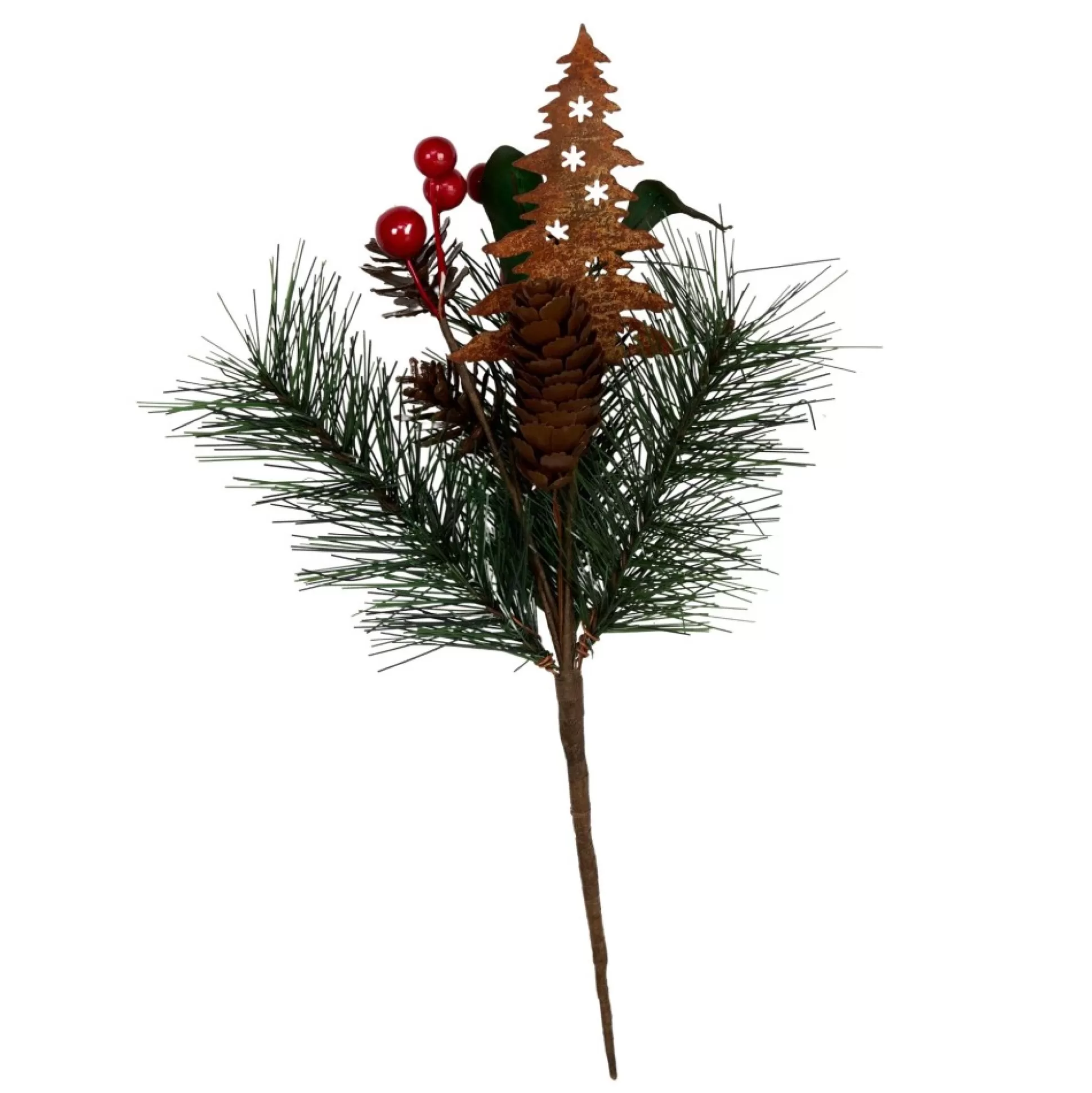 Rusted Tin Tree, Pinecone and Red Berry Pick Christmas Pick |