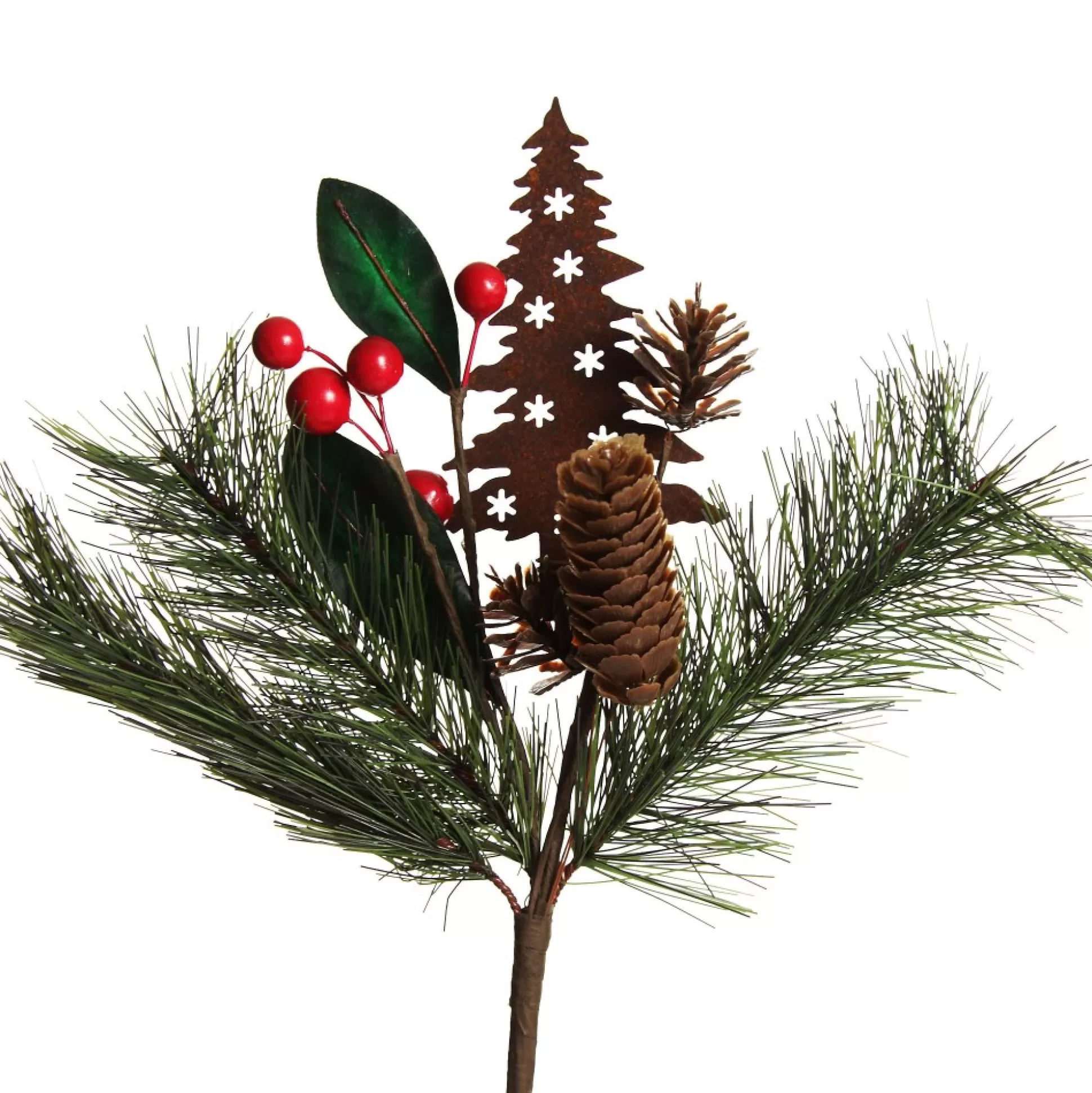 Rusted Tin Tree, Pinecone and Red Berry Pick Christmas Pick |