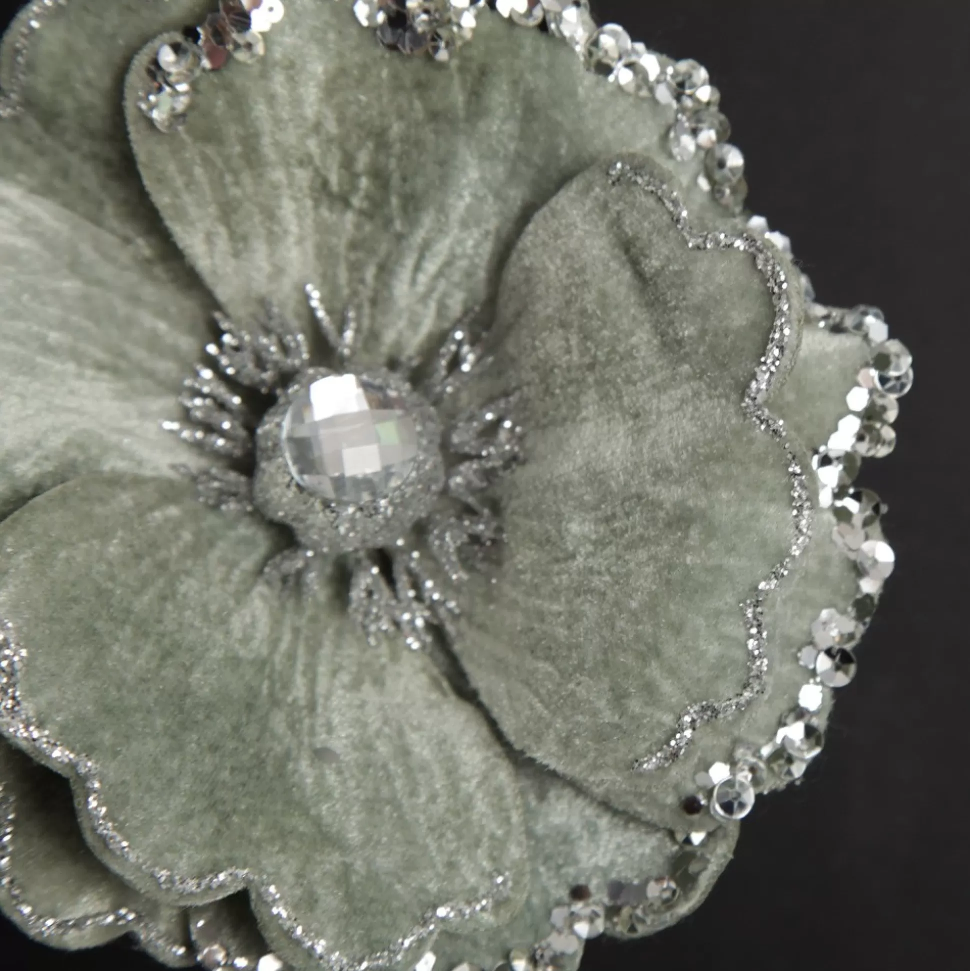 Sage Velvet Magnolia Flower Clip with Jewel Centre and Sequin Tips Christmas Flowers |