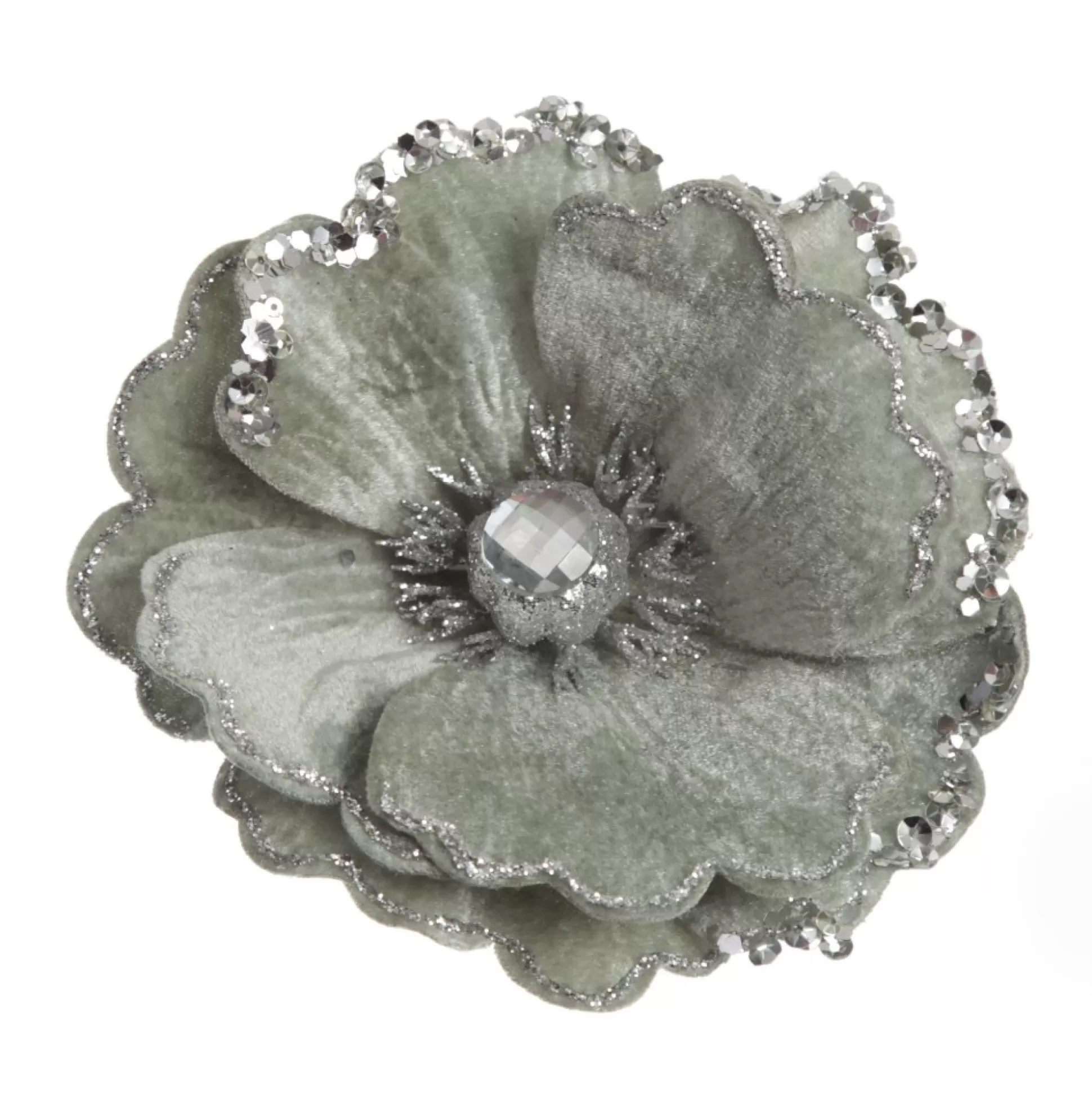 Sage Velvet Magnolia Flower Clip with Jewel Centre and Sequin Tips Christmas Flowers |