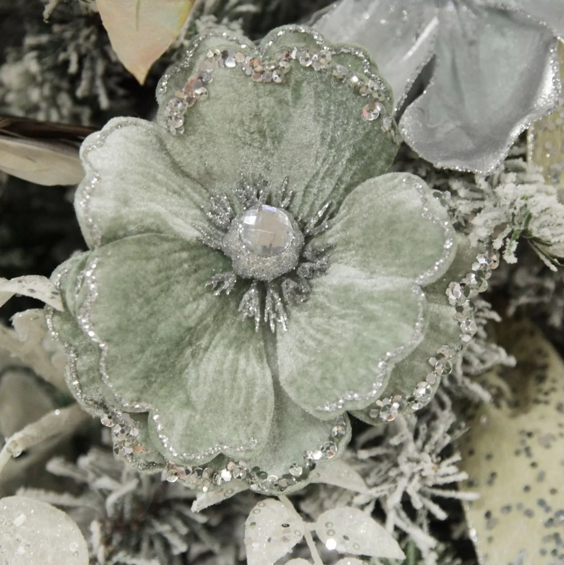 Sage Velvet Magnolia Flower Clip with Jewel Centre and Sequin Tips Christmas Flowers |