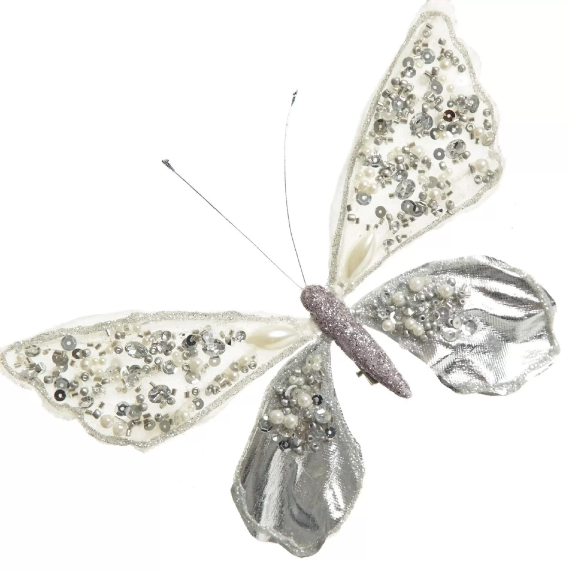 Shiny White and Silver Butterfly Clip with Sequin Embellishments Butterflies And Birds |