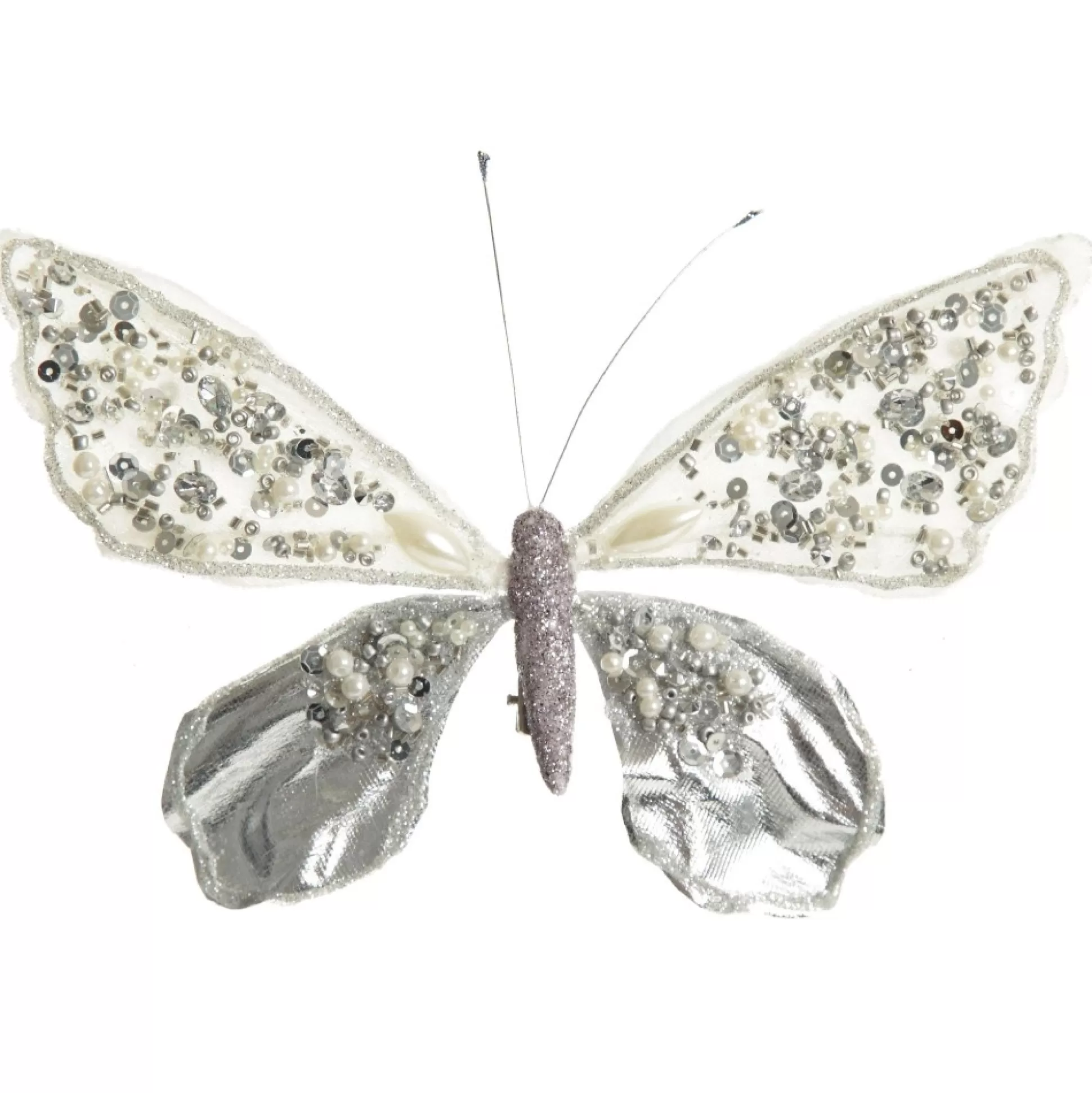 Shiny White and Silver Butterfly Clip with Sequin Embellishments Butterflies And Birds |