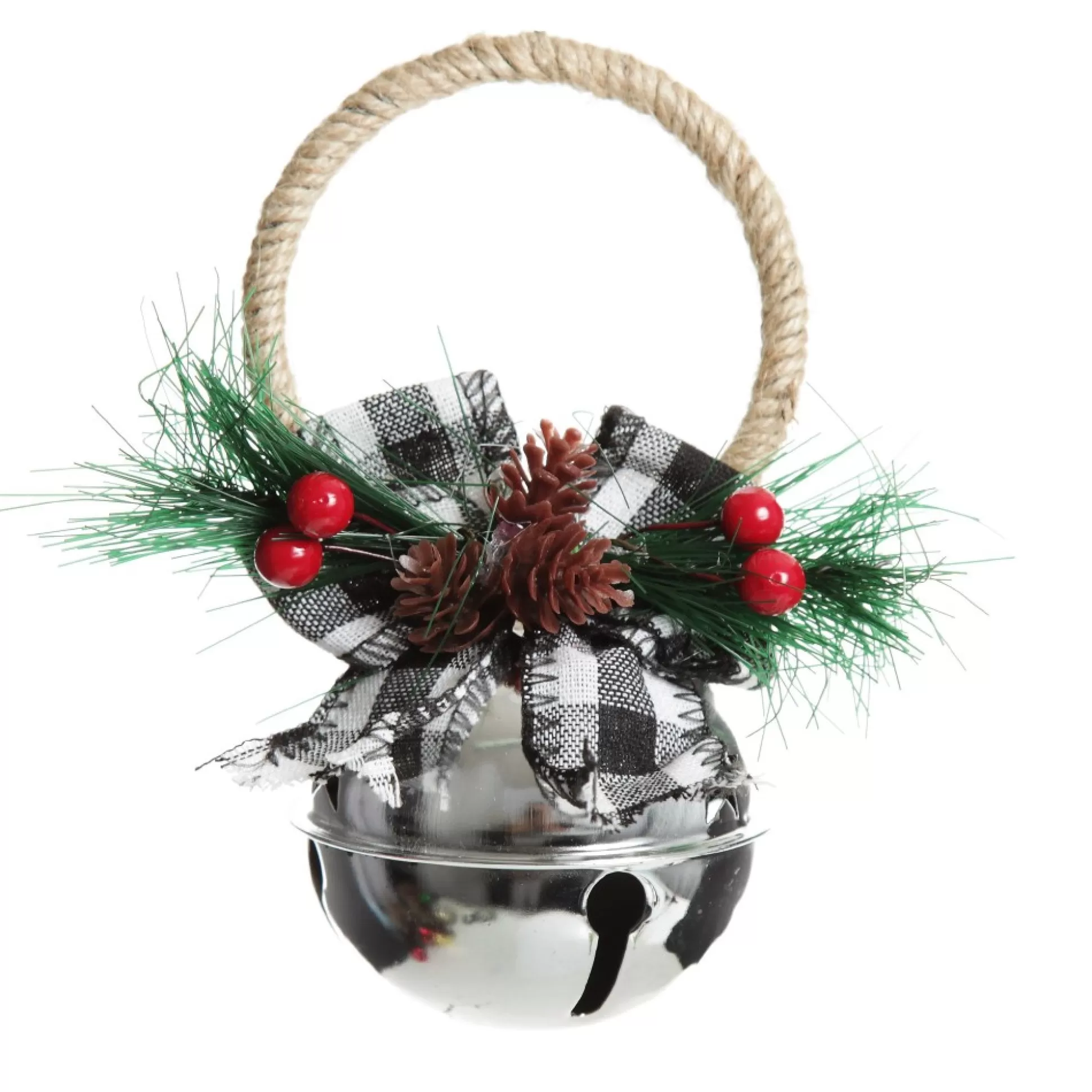 Silver Christmas Bell Door Hanger with Black Buffalo Check Bow Christmas Bells And Bows |