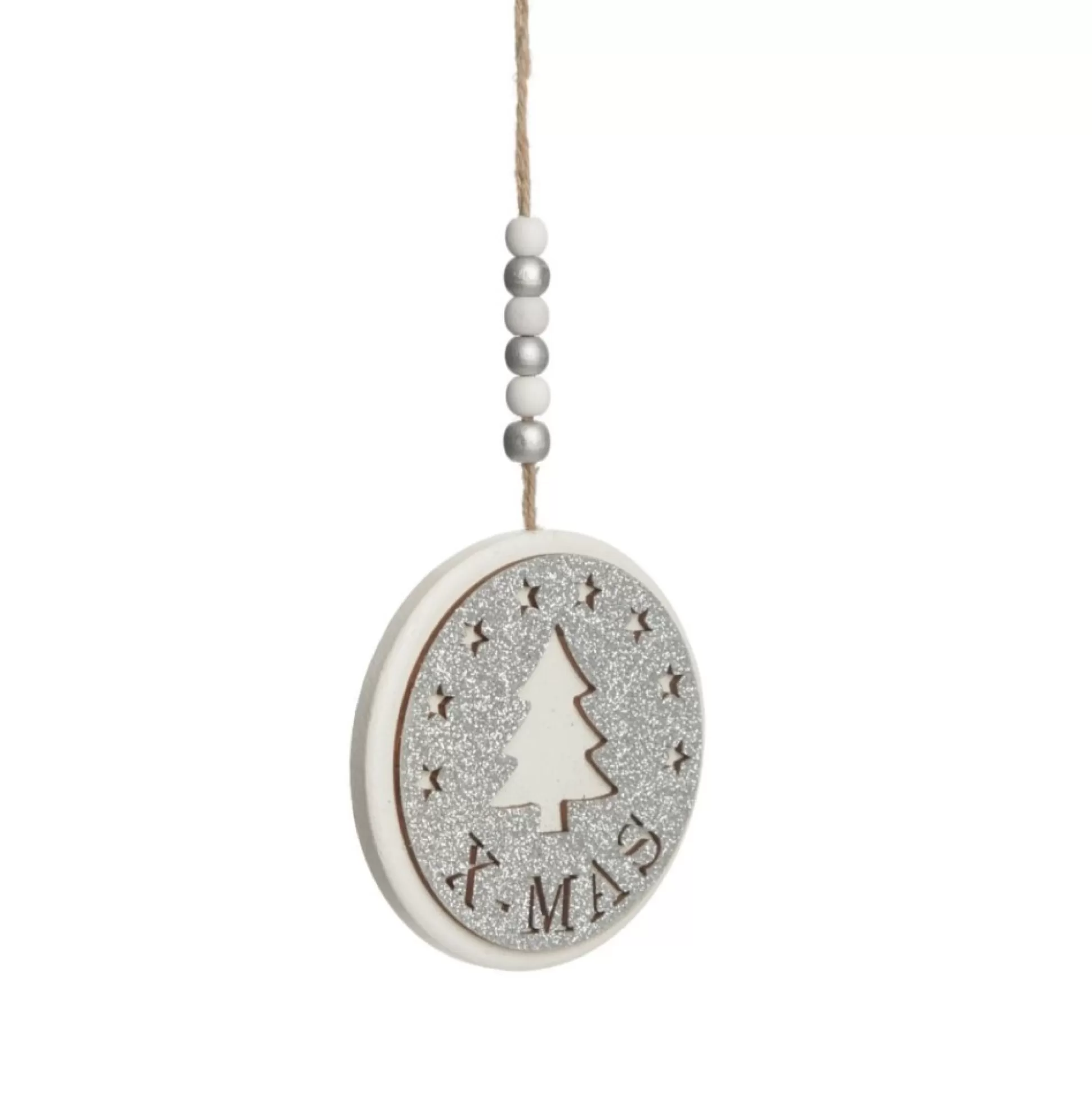 Silver Glitter Wooden Hanging Decorations with Christmas Cut Outs - Set of 3 Christmas Tree Decorations |
