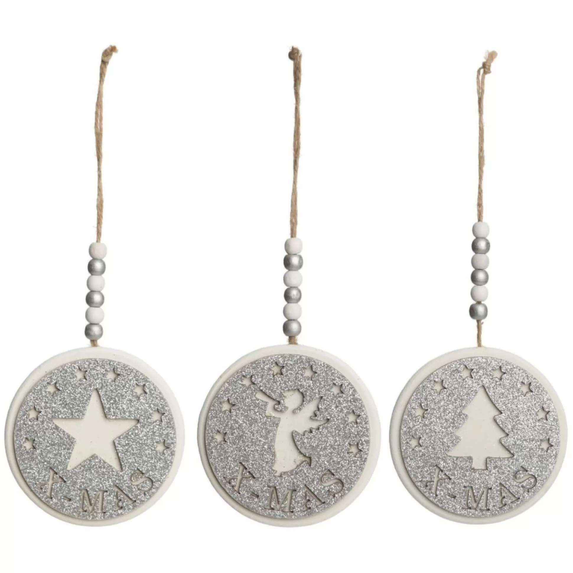 Silver Glitter Wooden Hanging Decorations with Christmas Cut Outs - Set of 3 Christmas Tree Decorations |