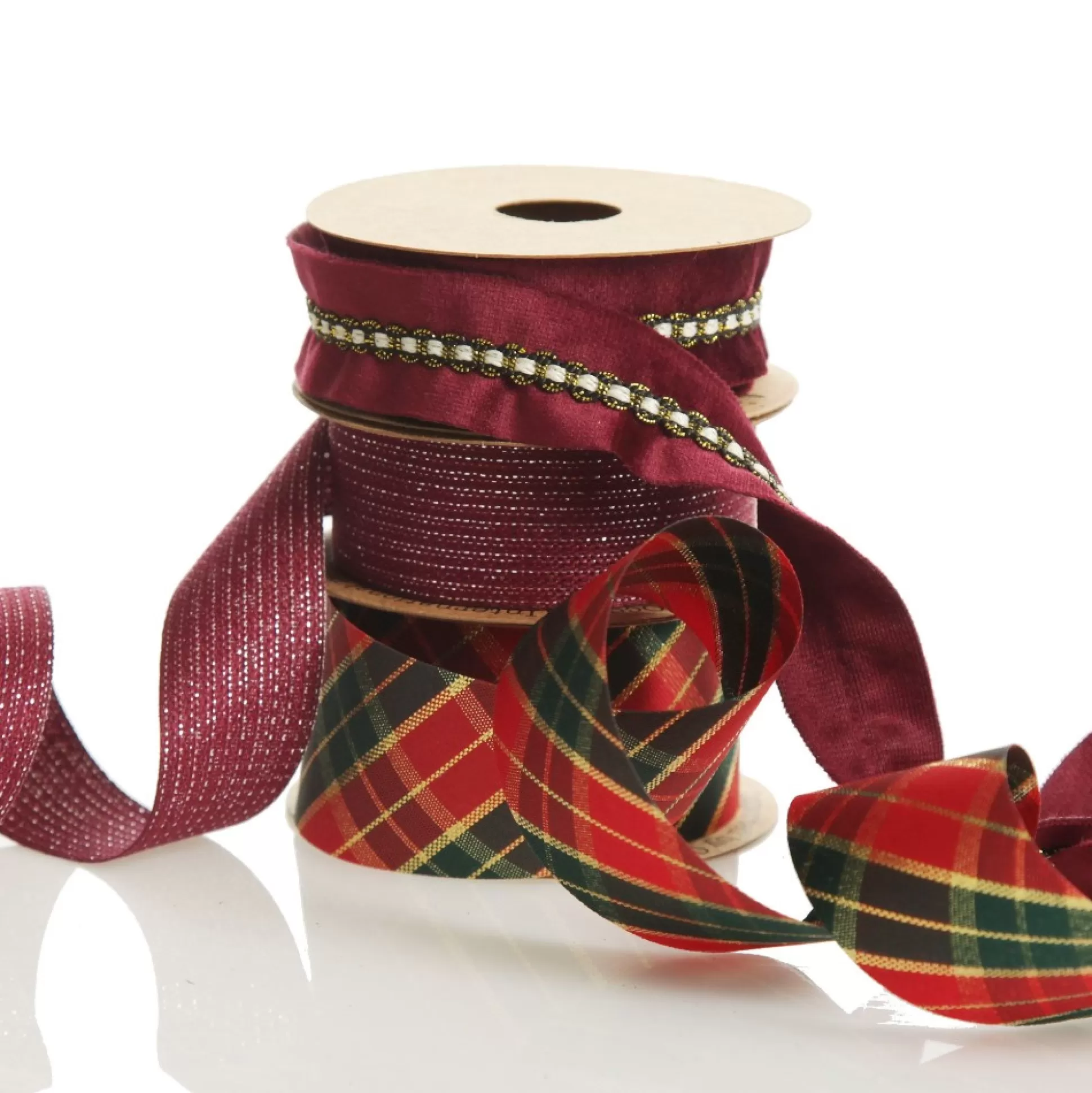 Three Assorted Burgundy Tartan and Braid Christmas Ribbons Ribbons |