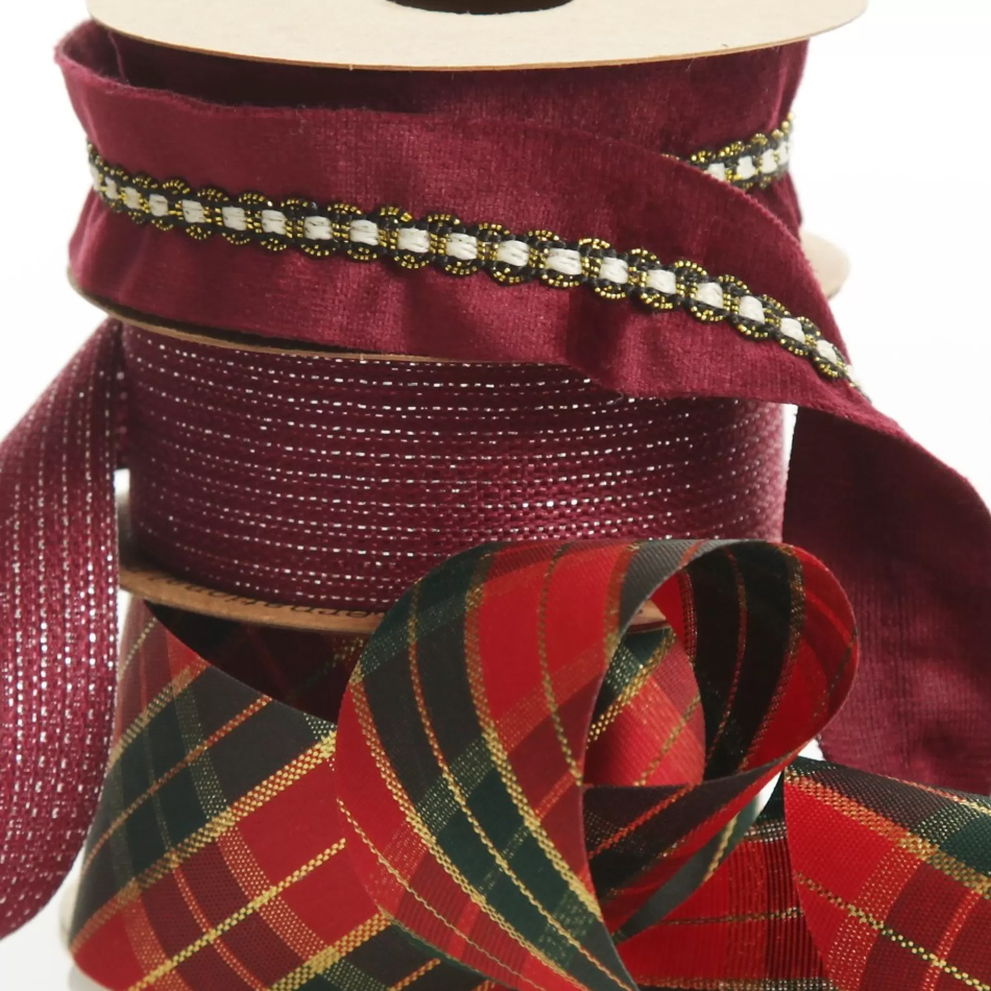 Three Assorted Burgundy Tartan and Braid Christmas Ribbons Ribbons |