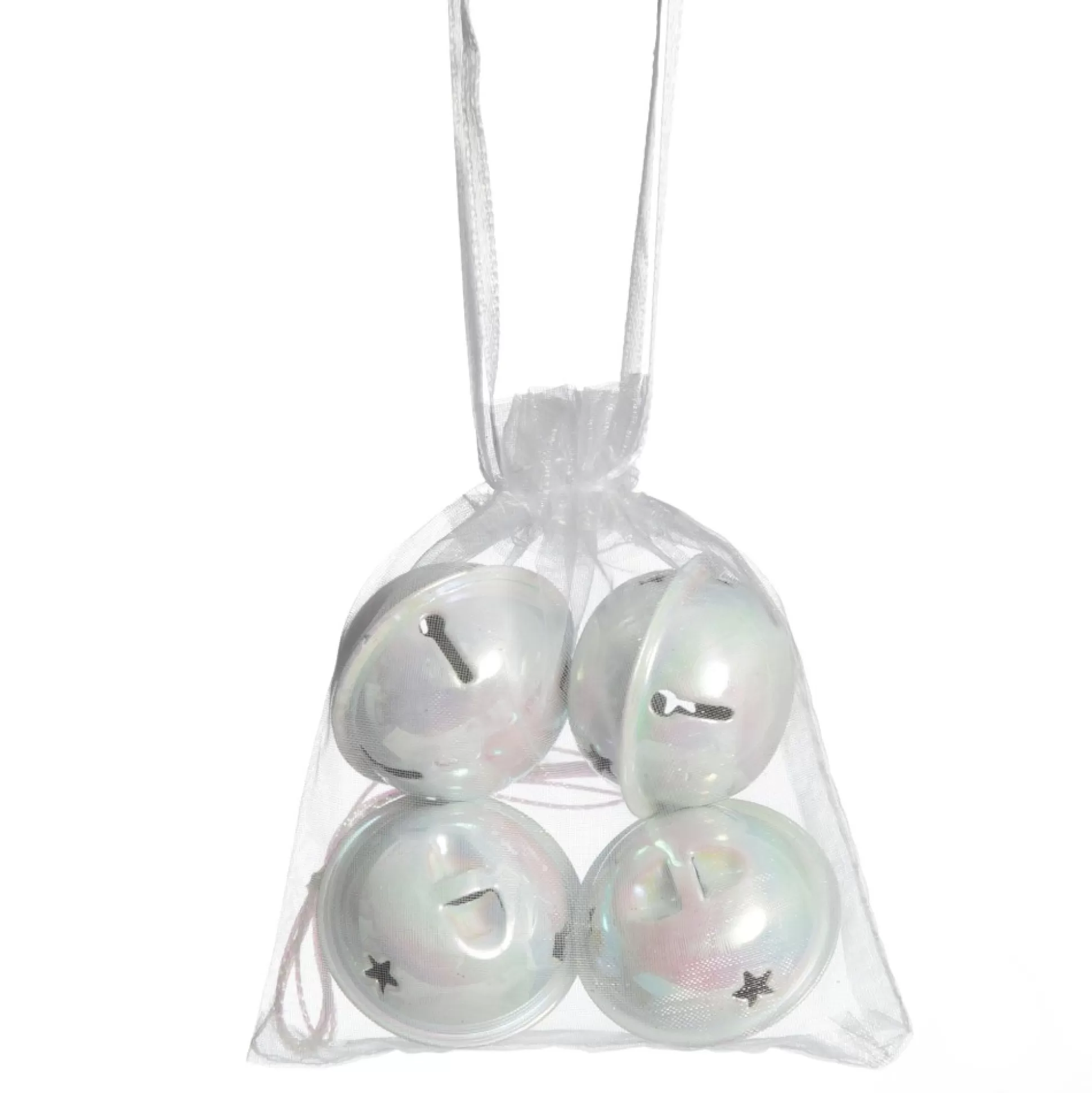 White Irridescent 4cm Jingle Bell Decorations - Bag of 4 Christmas Bells And Bows |