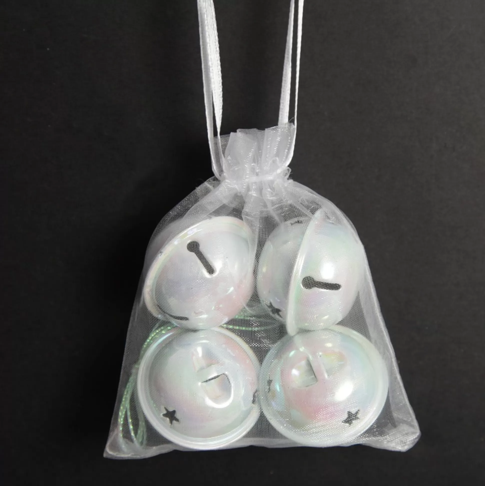 White Irridescent 4cm Jingle Bell Decorations - Bag of 4 Christmas Bells And Bows |