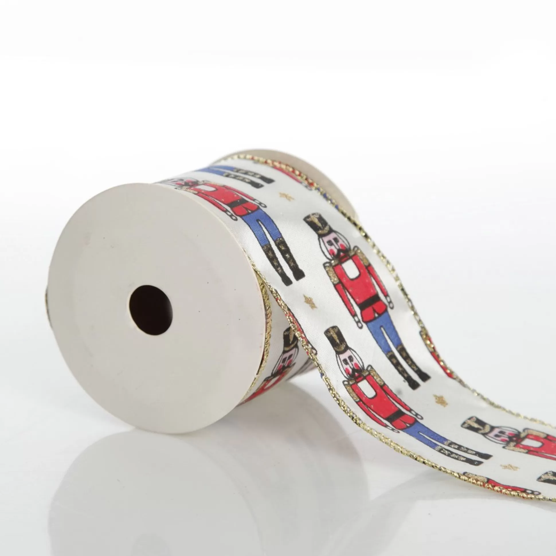 White Satin Ribbon with Blue and Red Nutcracker Print Ribbons |