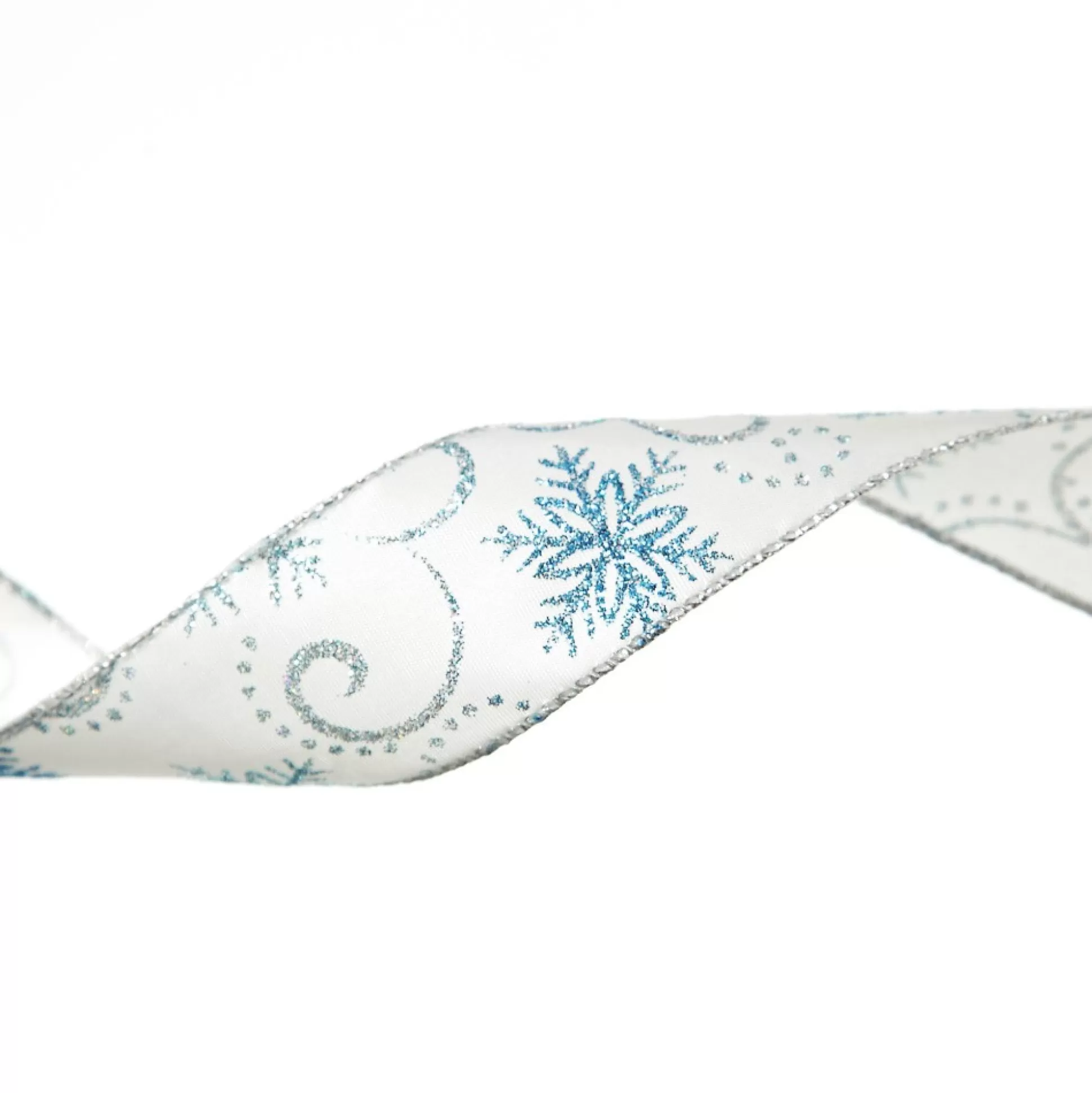 White Wired Christmas Ribbon with Blue and Silver Glitter Snowflakes - 3.8cm Ribbons |