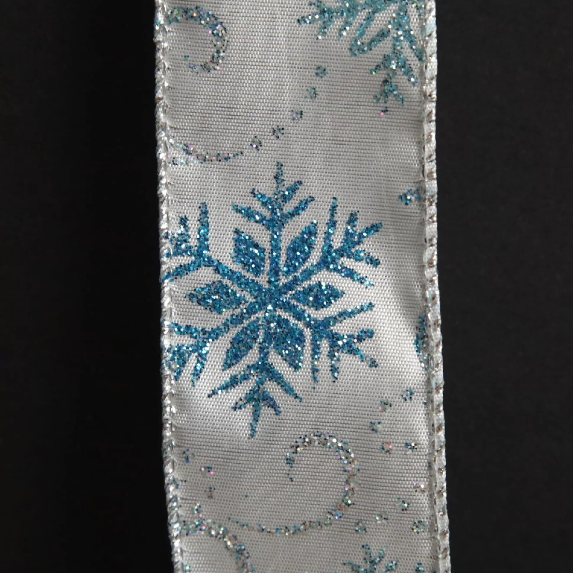 White Wired Christmas Ribbon with Blue and Silver Glitter Snowflakes - 3.8cm Ribbons |