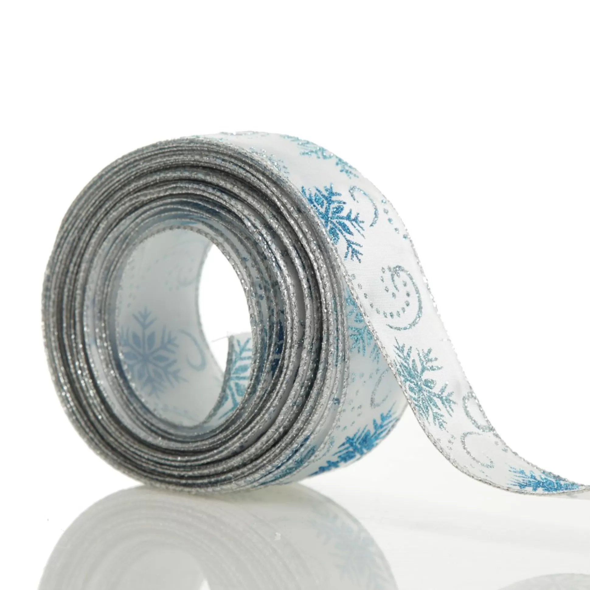 White Wired Christmas Ribbon with Blue and Silver Glitter Snowflakes - 3.8cm Ribbons |
