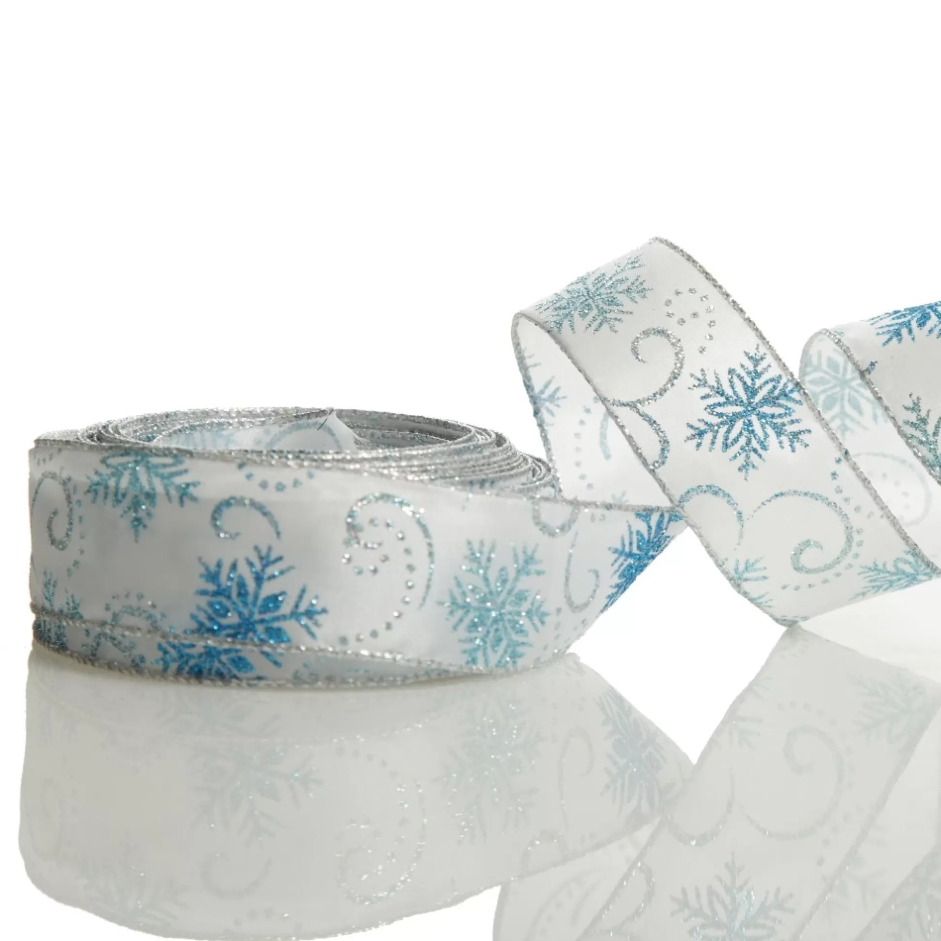 White Wired Christmas Ribbon with Blue and Silver Glitter Snowflakes - 3.8cm Ribbons |
