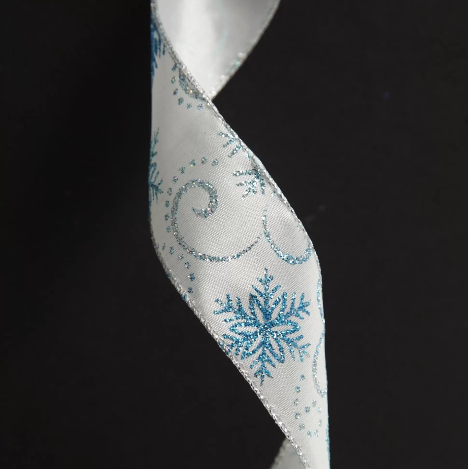 White Wired Christmas Ribbon with Blue and Silver Glitter Snowflakes - 3.8cm Ribbons |