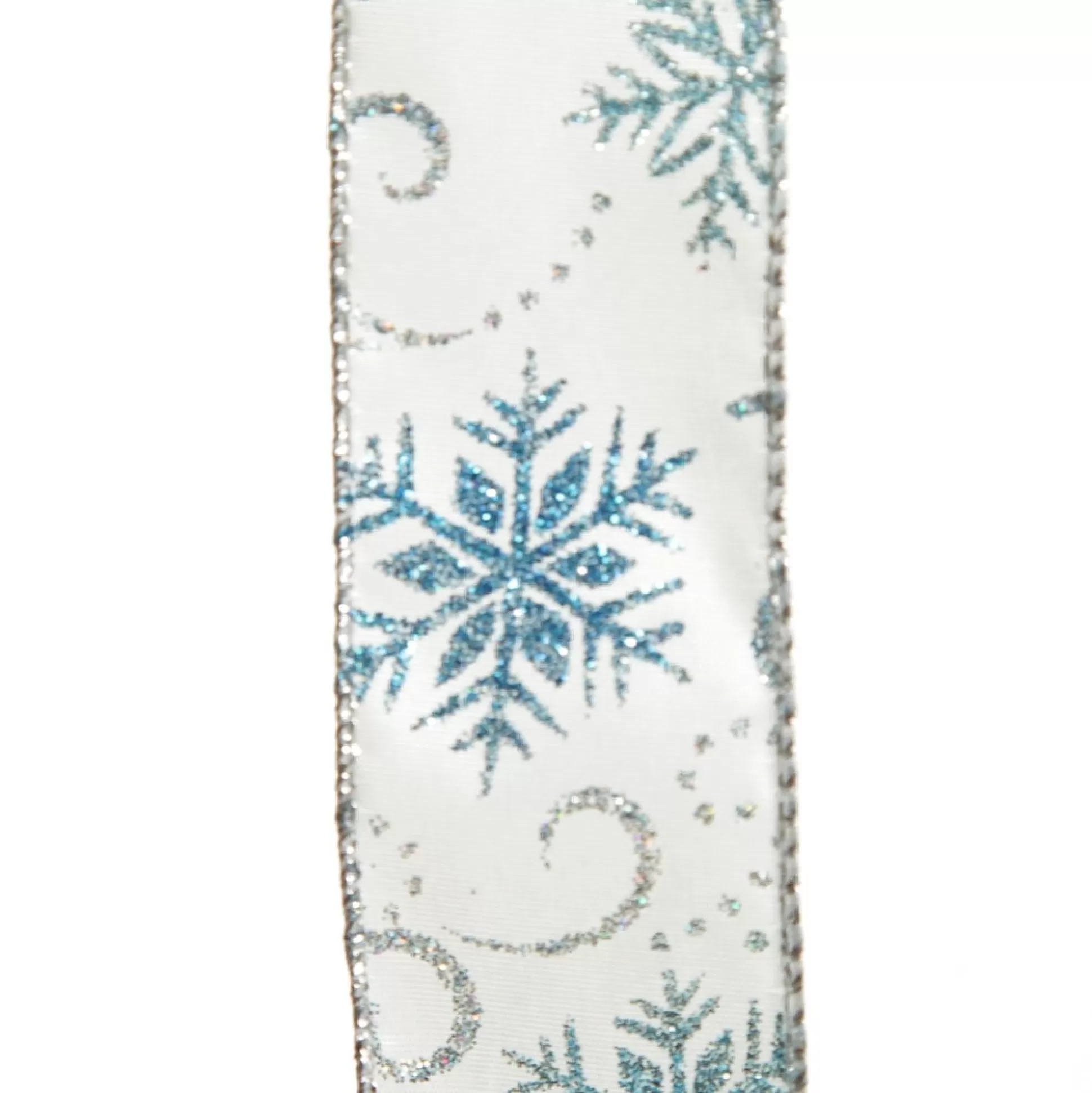 White Wired Christmas Ribbon with Blue and Silver Glitter Snowflakes - 3.8cm Ribbons |