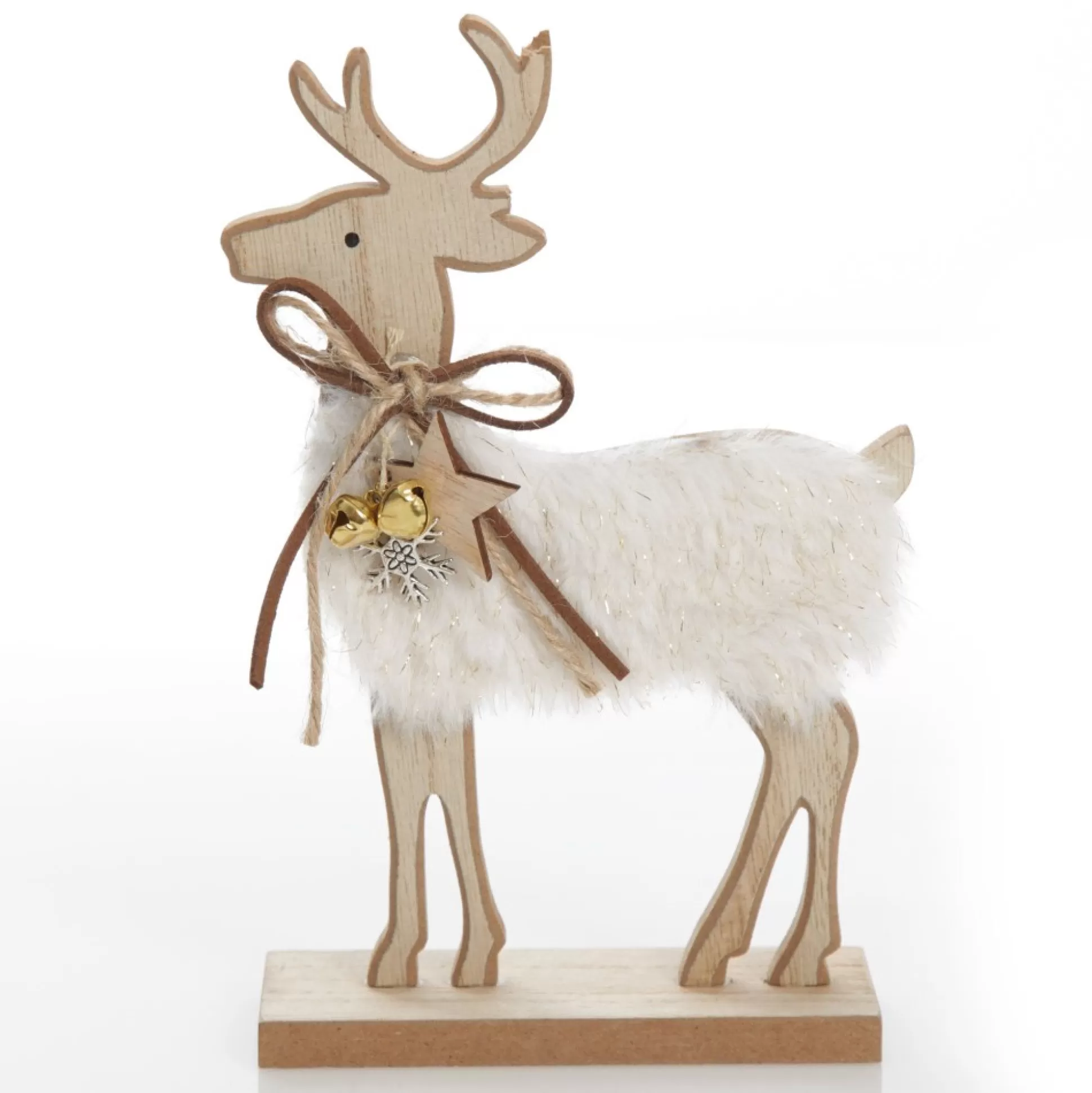Wood Reindeer with Fur Christmas Ornament and Neck Tie Christmas Birds And Animals |