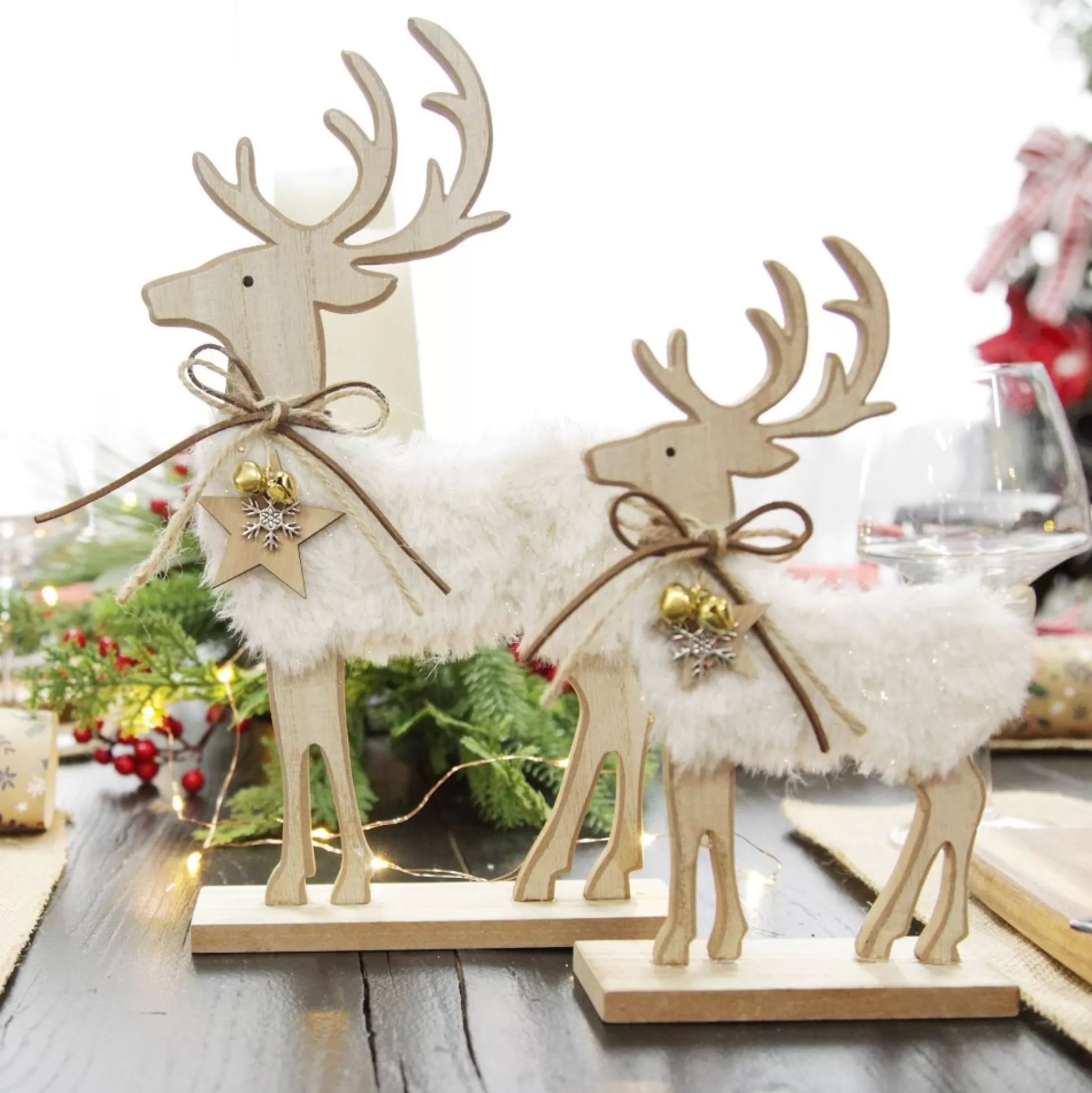 Wood Reindeer with Fur Christmas Ornament and Neck Tie Christmas Birds And Animals |